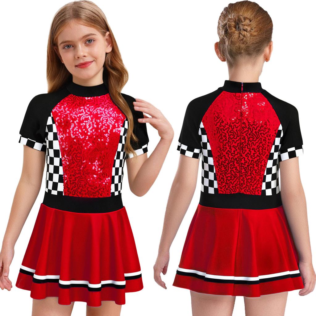 Kids Halloween Racing Costume Mock Neck Short Sleeve Back Zipper Checkerboard Sequins Dress Built-in Underwear for Theme Party