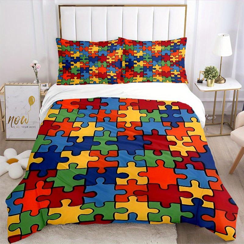 3pcs Puzzle Pieces Bedding Set, Suitable for Bedroom Decoration, (Includes 1 Duvet Cover And 2 Pillowcases, Quilt Not Included) yy250822189