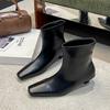 Fashion SEXY Black Pointed Toe Cat Heel Mid Calf Boots for Women Soft Leather PU Design Low Heel Wide Mouth French Style Ankle Boots