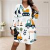Women Plus Size White V Neck Long Sleeve Loose Fit Curved Hem Cartoon Printed Dress