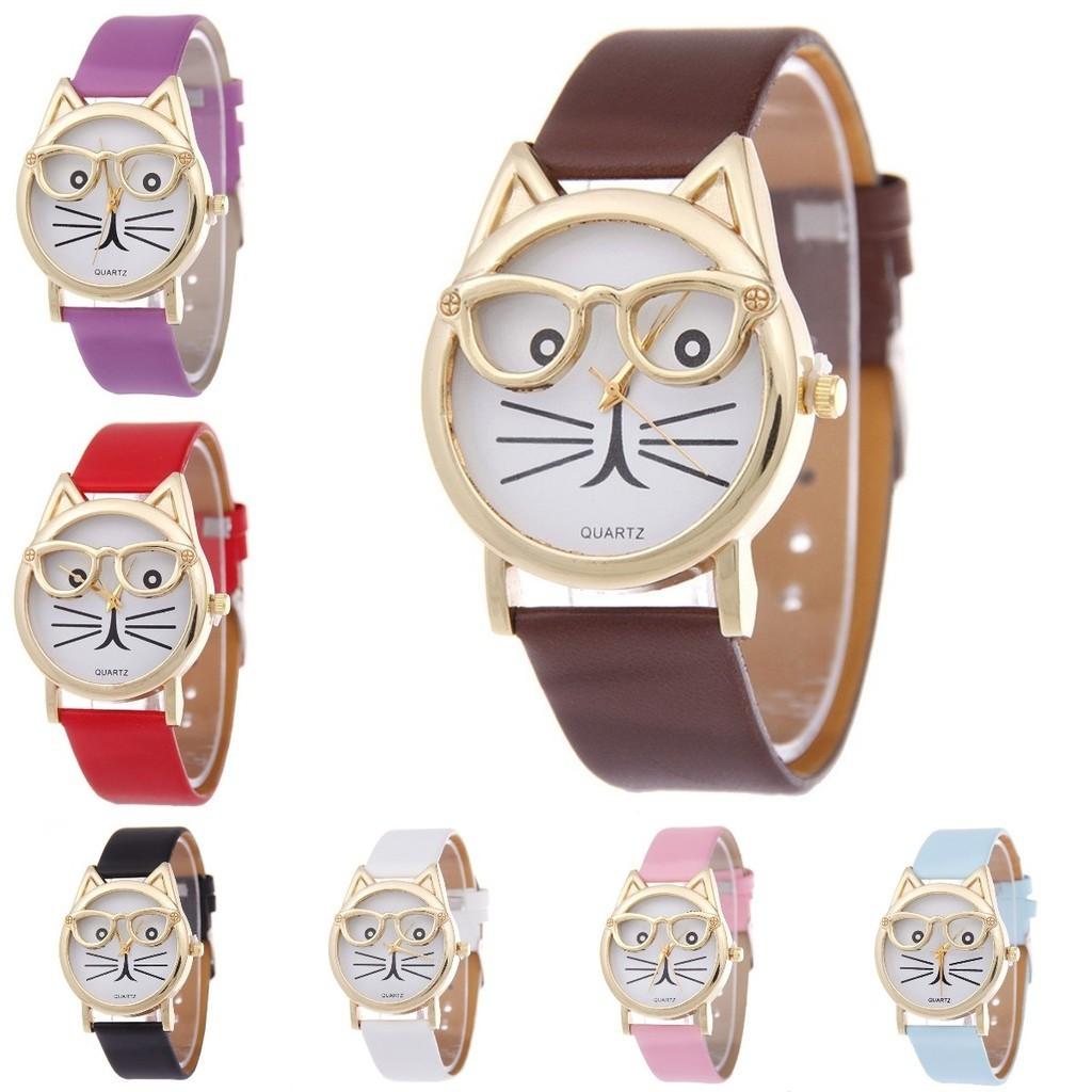 Очаровательные женские кварцевые часы с кошачьей мордочкой и кожаным ремешком, мультяшный дизайн
