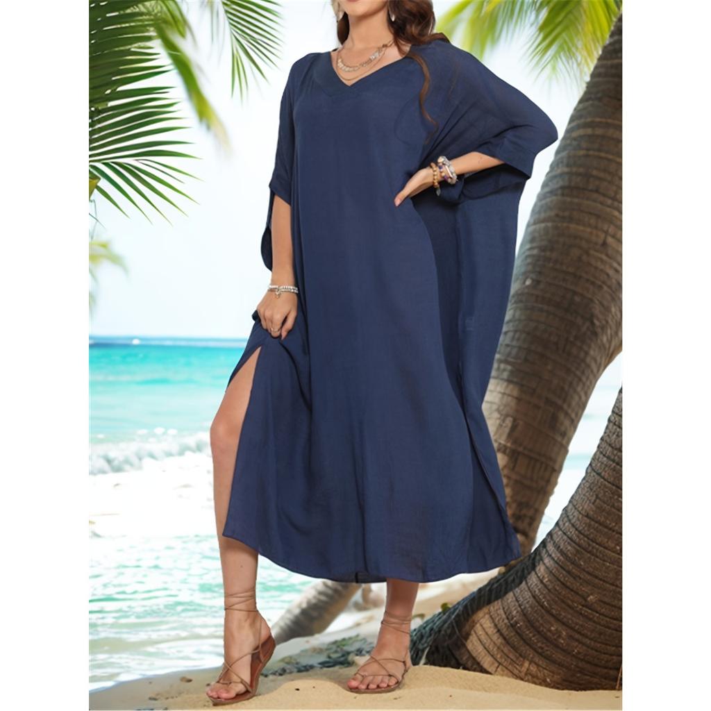 Solid Color Split Cover Up Dress, V Neck Loose Fit Half Sleeves Beach Kaftan, Women's Swimwear & Clothing