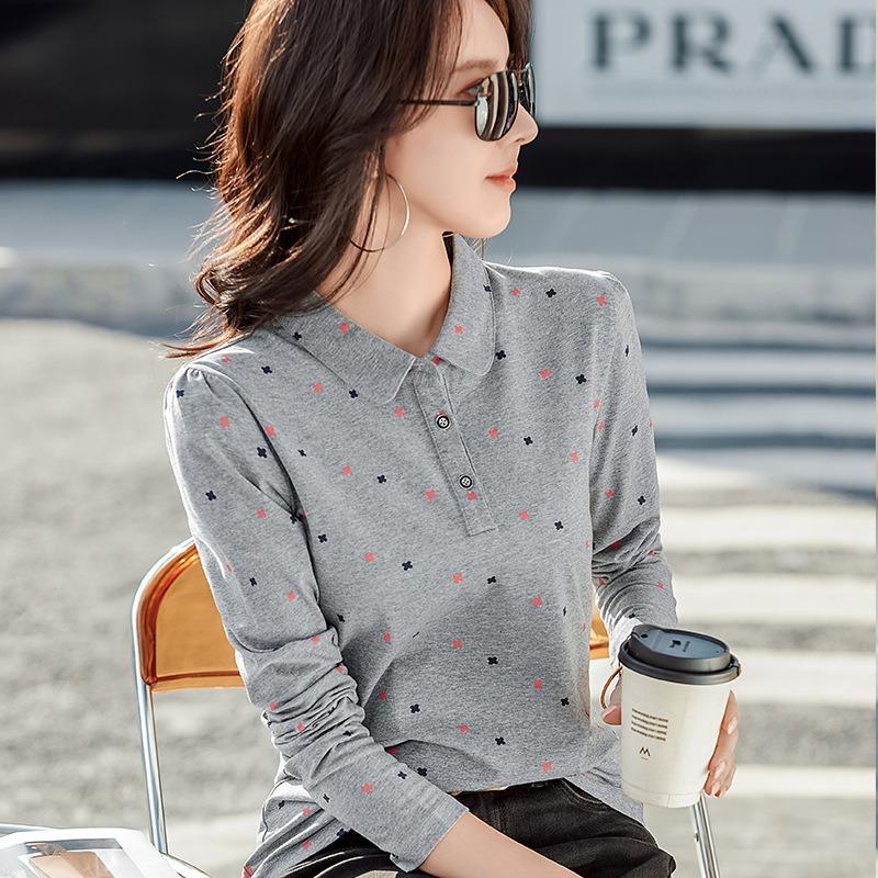 Women's Spring T-shirt New All-over Printed Long-sleeved Lapel Polo Shirt Korean Version Slim Fit Cotton Comfortable Temperament