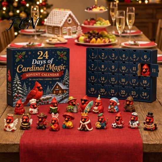 Numbered Hidden Drawer Box Red Bird Christmas Advent Calendar, 24 Unique Miniature Winter Decoration Items Figurines, Tree Hanging Ornaments