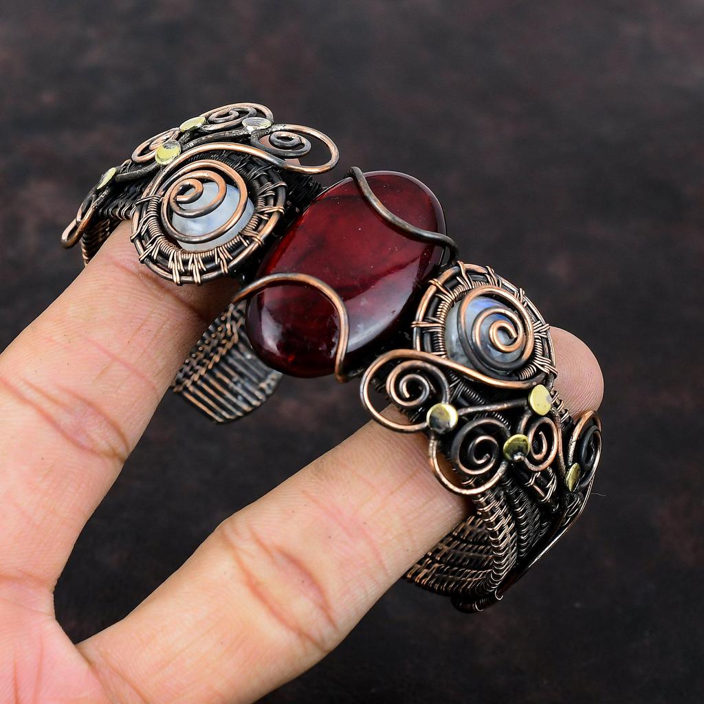 Красный огненный лабрадорит драгоценный камень браслет медная проволока обернутый лунный камень манжета браслет регулируемый браслет ручной работы медные украшения для подарка