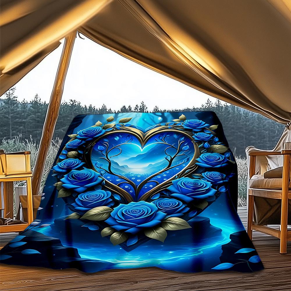1pc Heart Roses Fantasy Outdoor Flannel Blanket Soft All Season Polyester Throw , Perfect for Picnics & Travel , Picnic Accessory