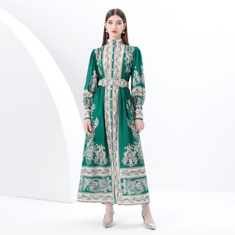 Весна-лето Женские платья больших размеров с винтажным дворцовым принтом, однобортные, длинные, макси, свободные, для праздников, с поясом