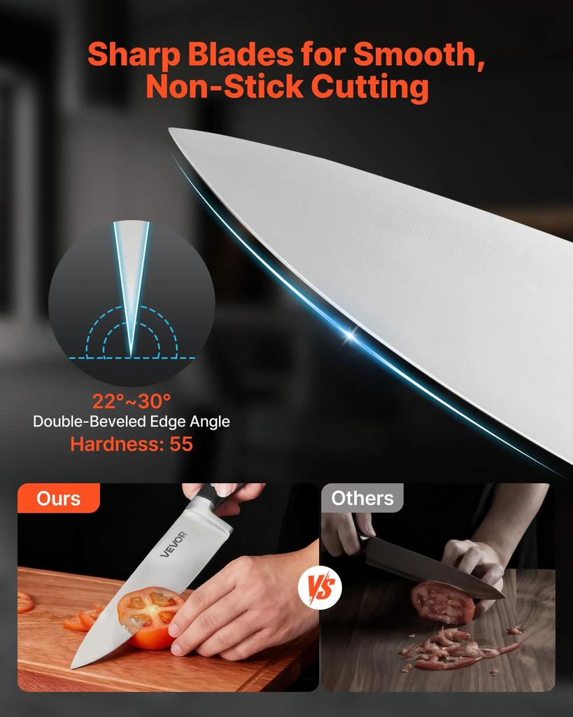 VEVOR Kitchen Knife Set with Block and Sharpener, 15 Piece High Carbon Stainless Steel Sharp Knife Set, Kitchen Cutlery with Crack-Resistant Handle