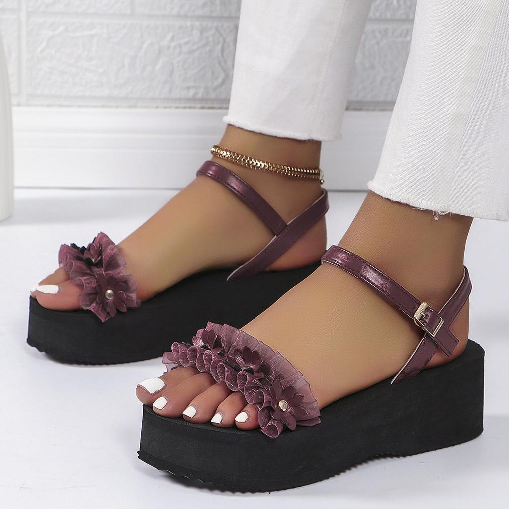 Women Sandals New Summer Chunky Platform Shoes Women Soft Leather Medium Heels Sandals Women Floral Cutout Beach Sandals