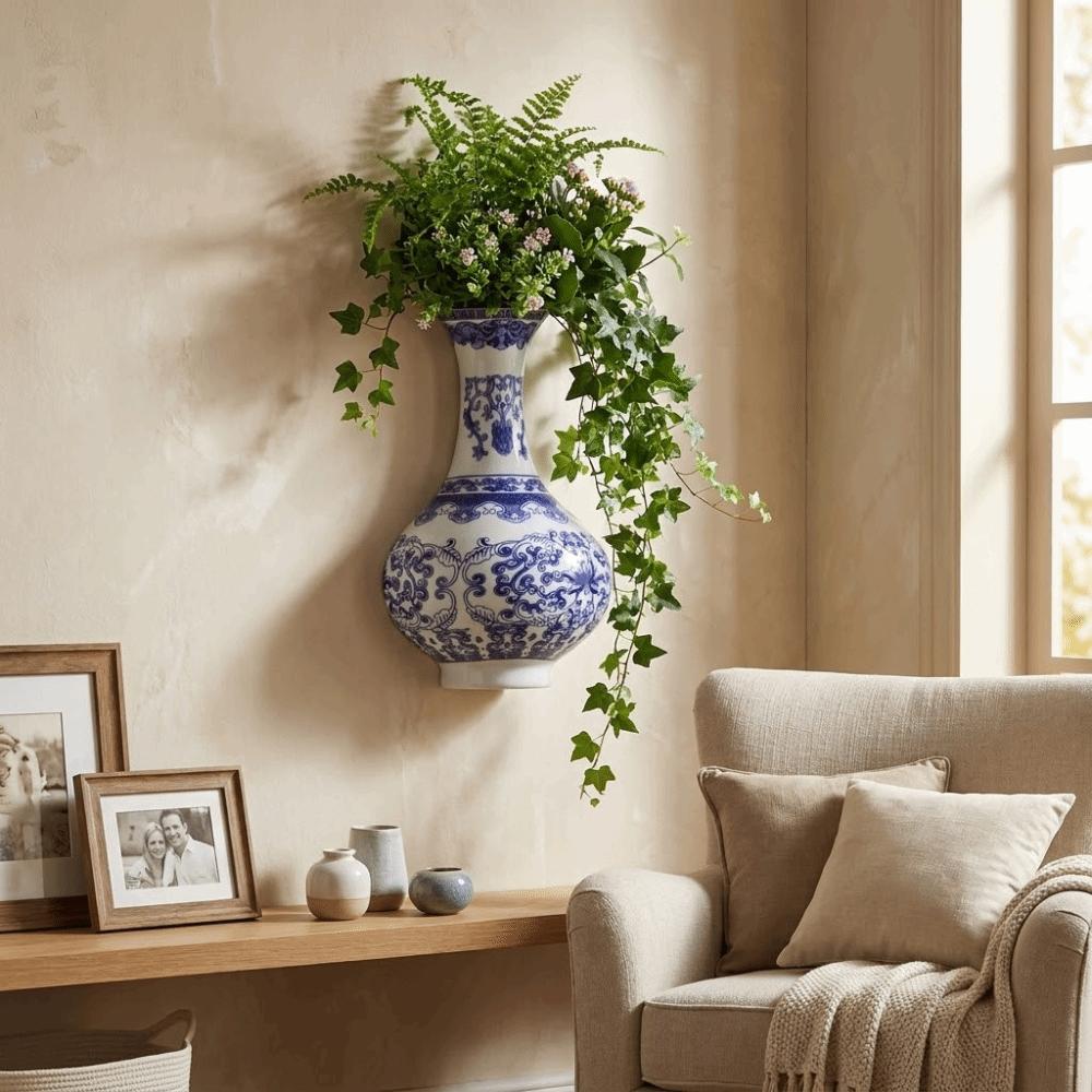 Antique Blue White Porcelain Wall Hanging Ceramic Vase Wall Hanging Vase  Living Room Decor