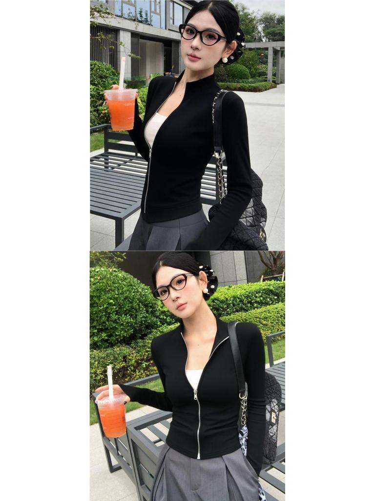 Women's Slim Fit Double Zipper Hoodie Jacket - Autumn 2025, Anti-Pilling, Stand Collar, Cropped Cardigan