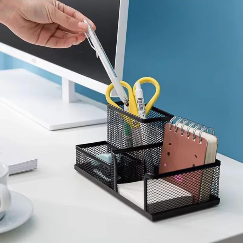 Mesh Design Pen Holder Metal Desk Stationery Organizer Pencil Storage Box Student