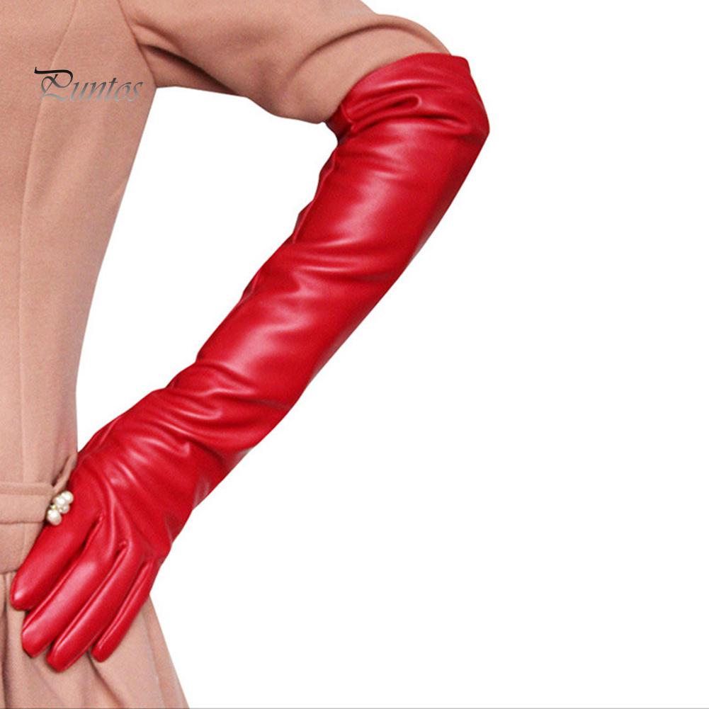 Fashion Lady Solid Color Faux Leather Full Finger Long Arm Gloves Stage Mittens