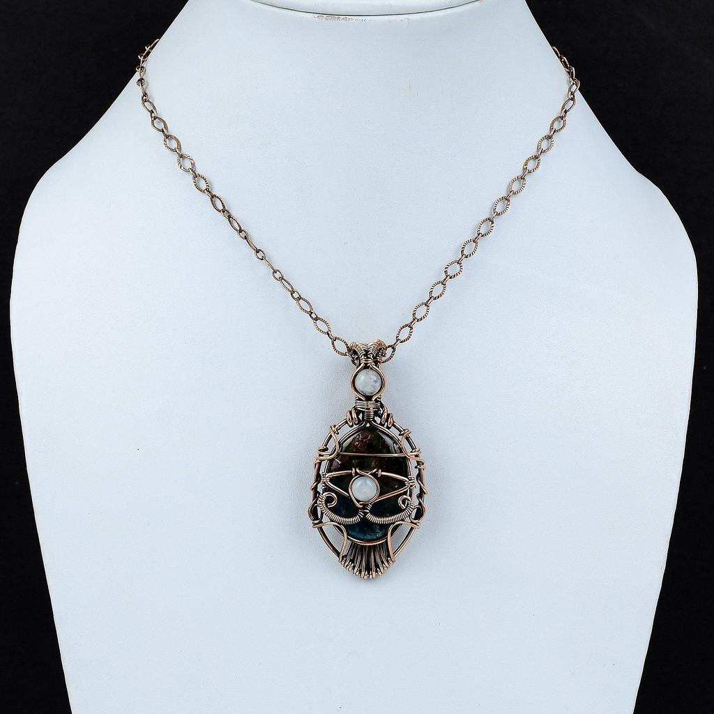 Подвеска с арбузом и турмалином от сглаза, медная проволока, кулон с драгоценным камнем, кулон с радужным лунным камнем, дизайнерские ювелирные изделия ручной работы, подарок для него