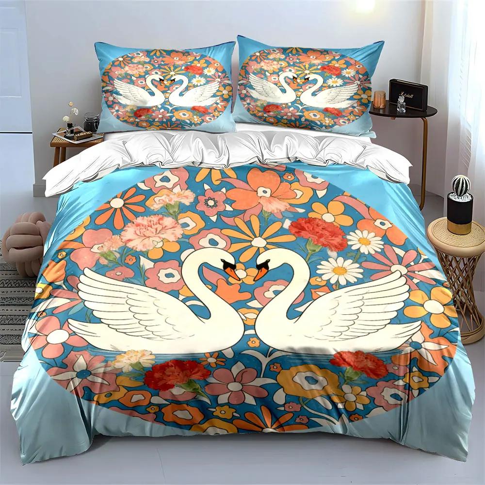 "Romantic Swan Floral Decor Set" Soft Comfortable Duvet Cover Bedding Set Included 1*Duvet Cover & 2*Pillowcases, gift