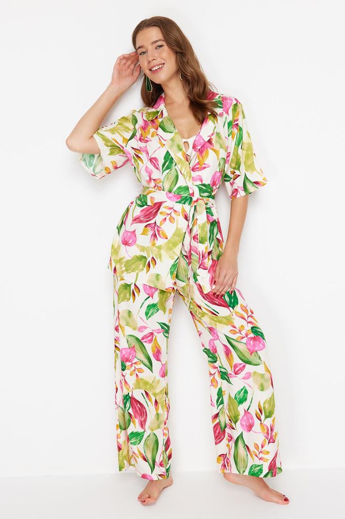 Women's Style Bottom-Top Set Clothes Floral Patterned Belted Woven Kimono Trouser Set