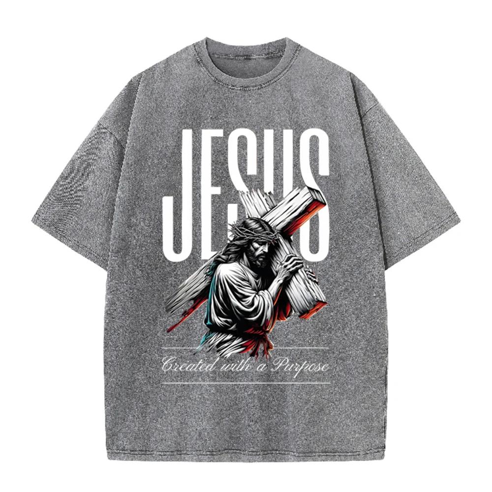 2026 Vintage Washed Black Religious Jesus Cross Graphic T Shirt Created With A Purpose Faith Print Oversized Casual Short Sleeve