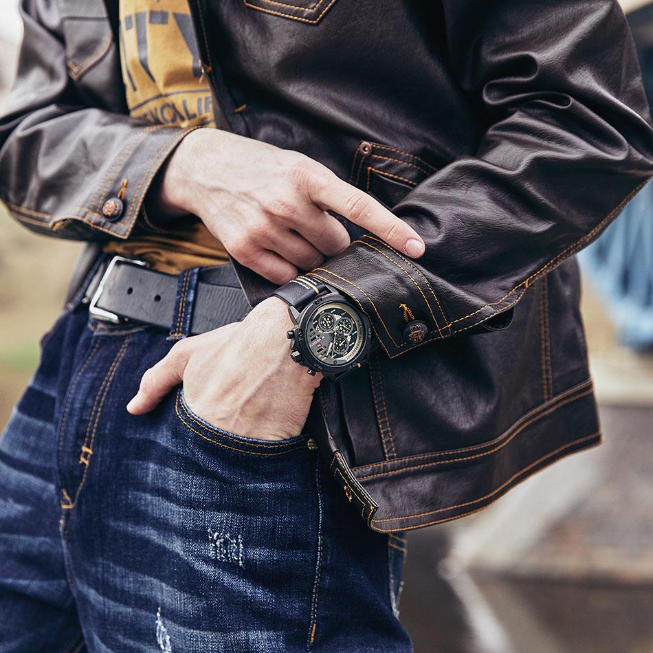 Мужские стильные кварцевые часы с кожаным ремешком