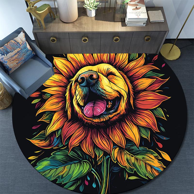 Golden Retriever Sunflower Round Area Rug,Carpet Rug for Living Room Bedroom Sofa Playroom Decor,Non-slip Floor Mat