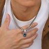 Geometric Square Blue Stone Pendant Necklaces, Stainless Steel Lucky Collar, Unisex Cuban Link Chain Chokers