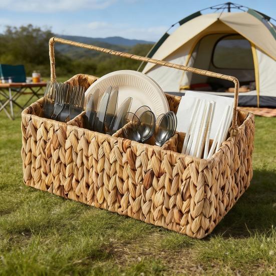 Utensil Caddy with 5 Compartments Hand-woven Storage Basket with Handle Rustic Cutlery Flatware Organizer for Picnic BBQ Kitchen Countertop Storage