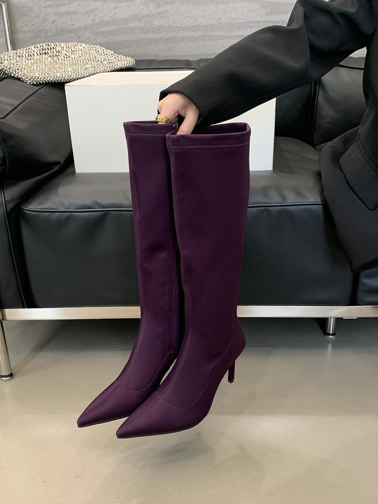 Мода Черный Фиолетовый Коричневый Женские Сапоги До Колена Челси Ботас Тонкие Высокие Каблуки Боковая Молния Вечеринка Туфли-лодочки Зимние Сапоги Женские Гладиаторы
