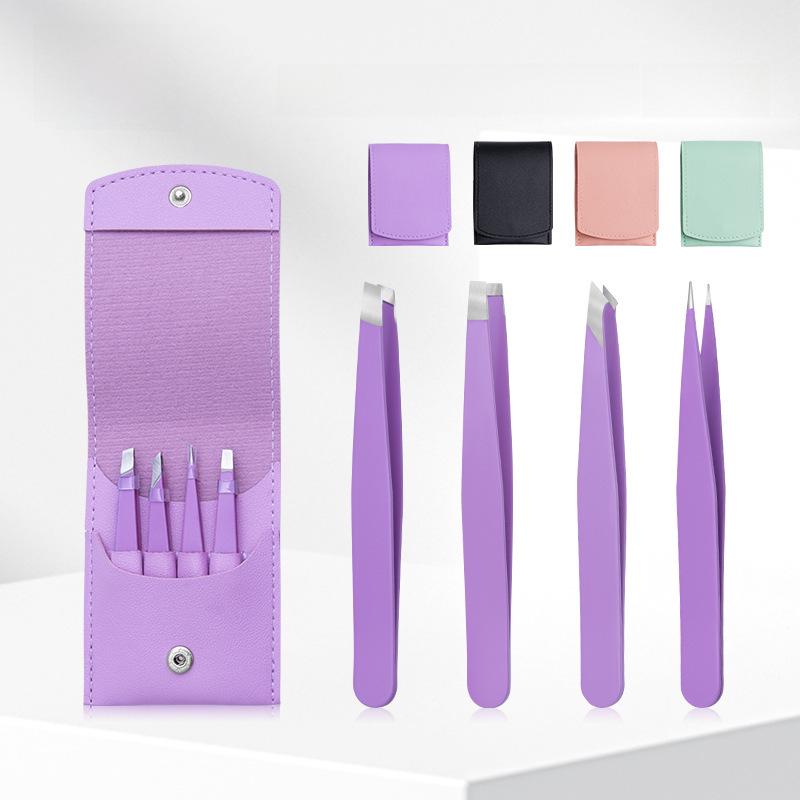 4-Piece Stainless Steel Eyebrow Tool Set with Logo: Tweezers (Oblique & Straight) and Scissors.