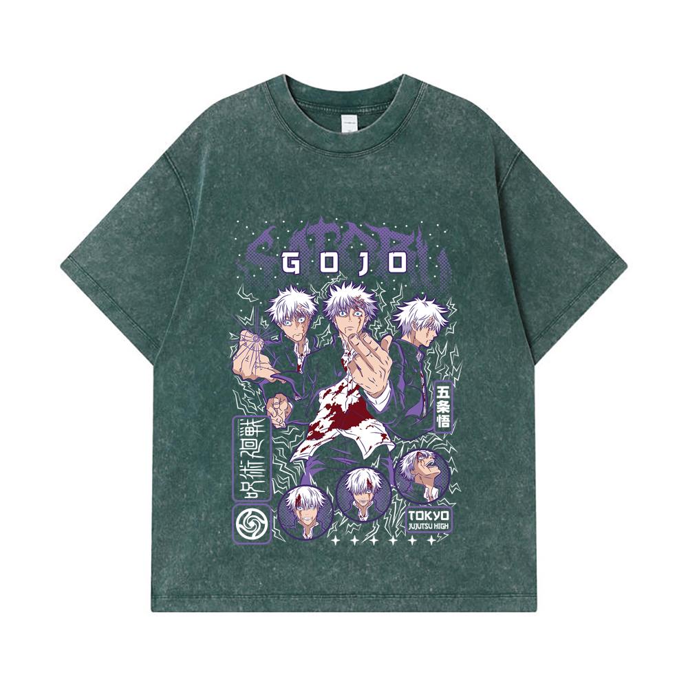275 GSM Washed T-shirts 100% Cotton Jujutsu Kaisen V24 Gojo Print Unisex Heavy Cotton T Shirt