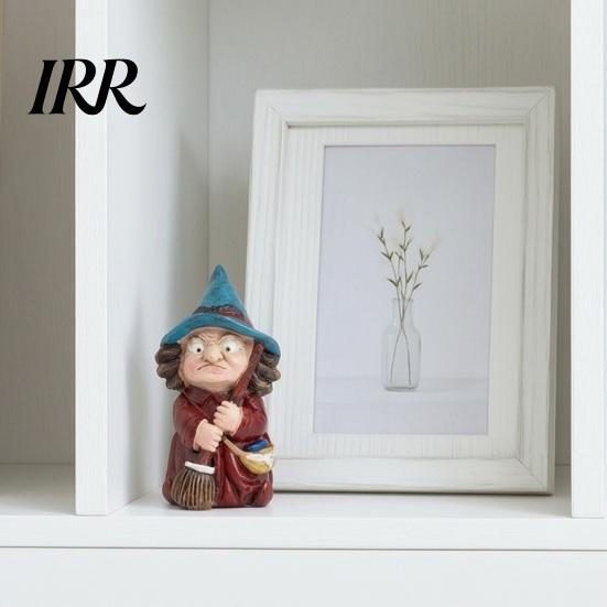Hand-painted Halloween Figure Witch on Broomstick Resin Figurine, Gnome Statue with Wizard Hat, Decoration Vintage Spooky Decor for Shelf Desk Table,