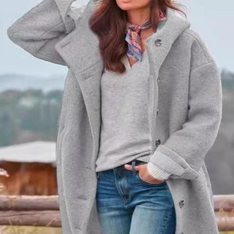 Women Midlength Casual Coat Hooded Long Sleeve Solid Color Autumn Outerwear with Pockets and Buttons Placket