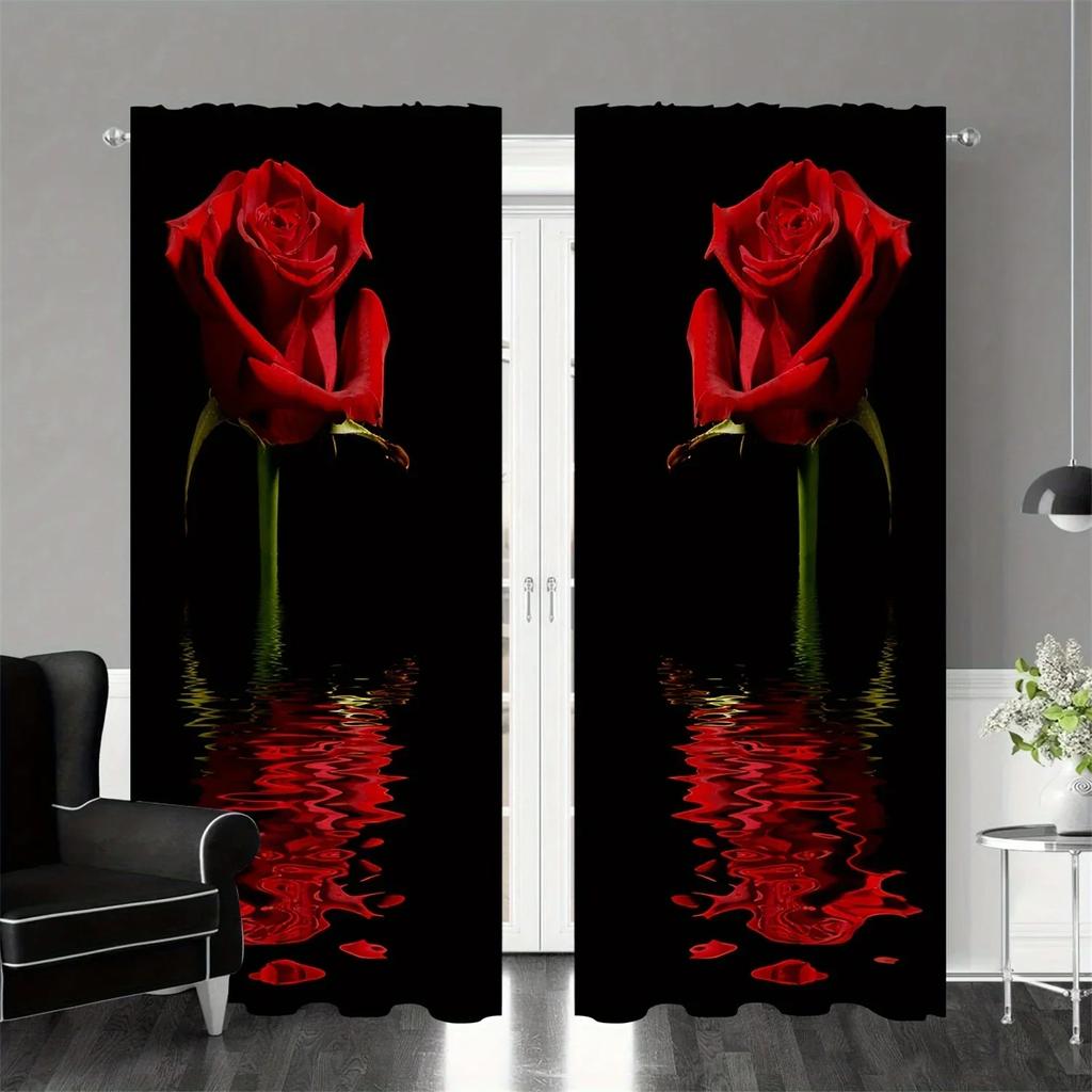 3D 2panels Blooming Roses Printed Curtain, For Bedroom Office Kitchen Living Room Study Home Decor