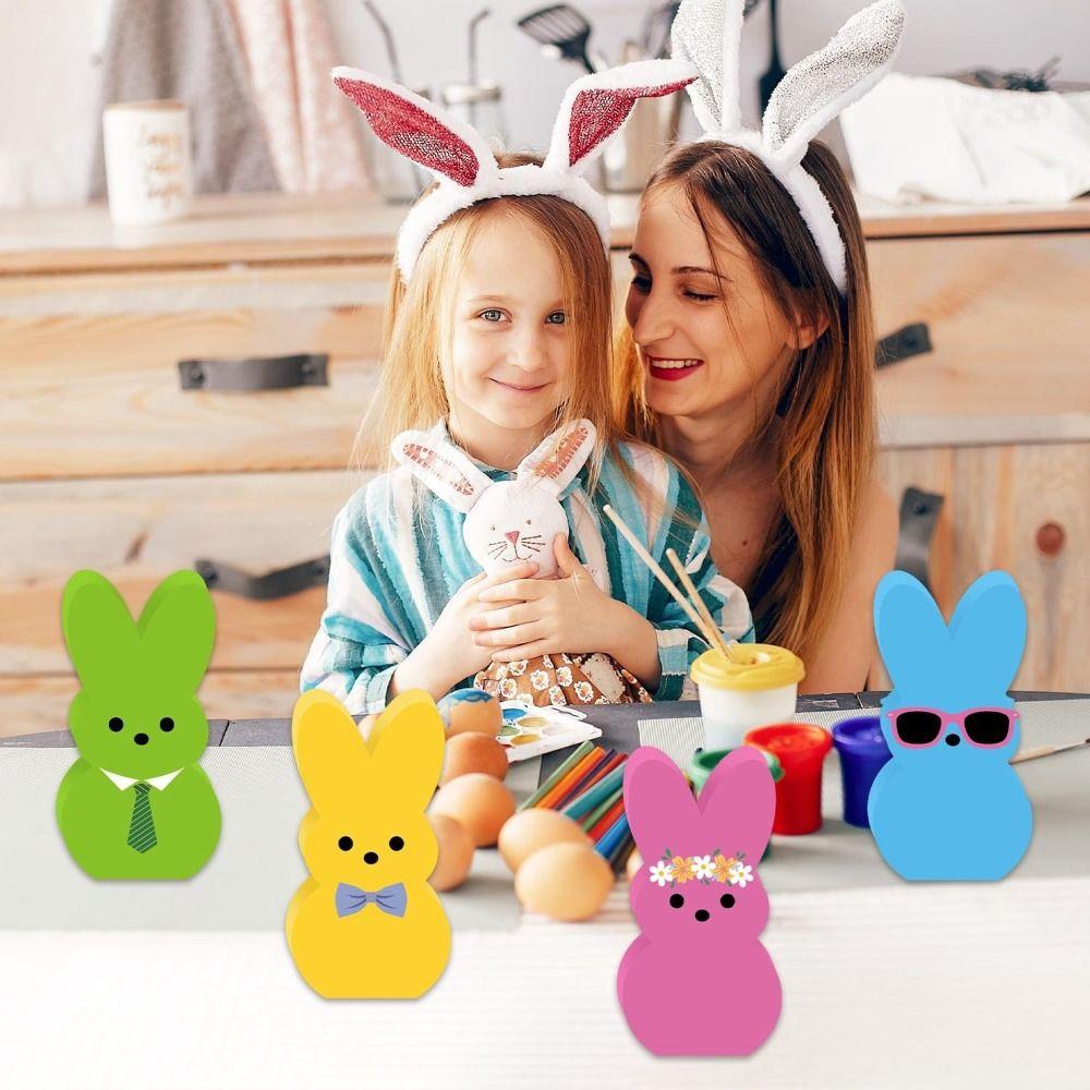 Handmade Colorful Rabbit Decoration Cartoon Home Table Decor Easter Bunny Wood Signs Party