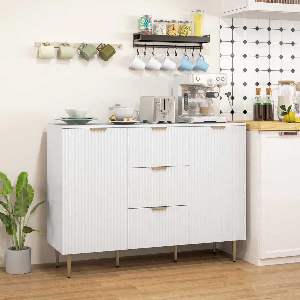 Kitchen Sideboard, 3 Drawers, Adjustable Shelves, Fluted Doors, 120 x 40 x 90 cm, White