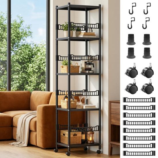 Thickened Carbon Steel Storage Rack 5-Tier Adjustable Metal Shelf with Locking Wheels, 440 lbs Capacity, Heavy Duty Layer Height Triangle Support,