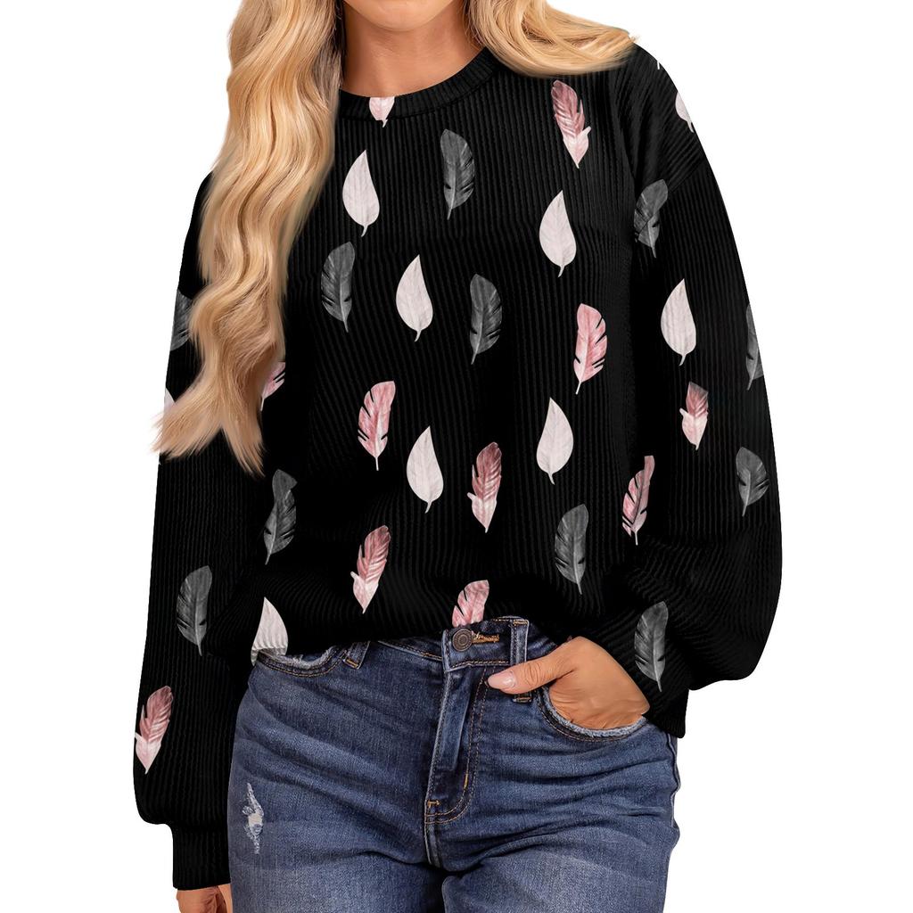 Women's Fashion Printed Ribbed Long Sleeve Drop Shoulder Loose Round Neck Top