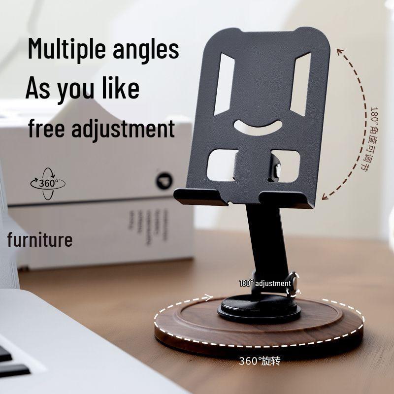 Foldable Walnut Wood Grain Phone Stand - 360° Rotation & Multi-Angle Adjustment for Streaming and Viewing