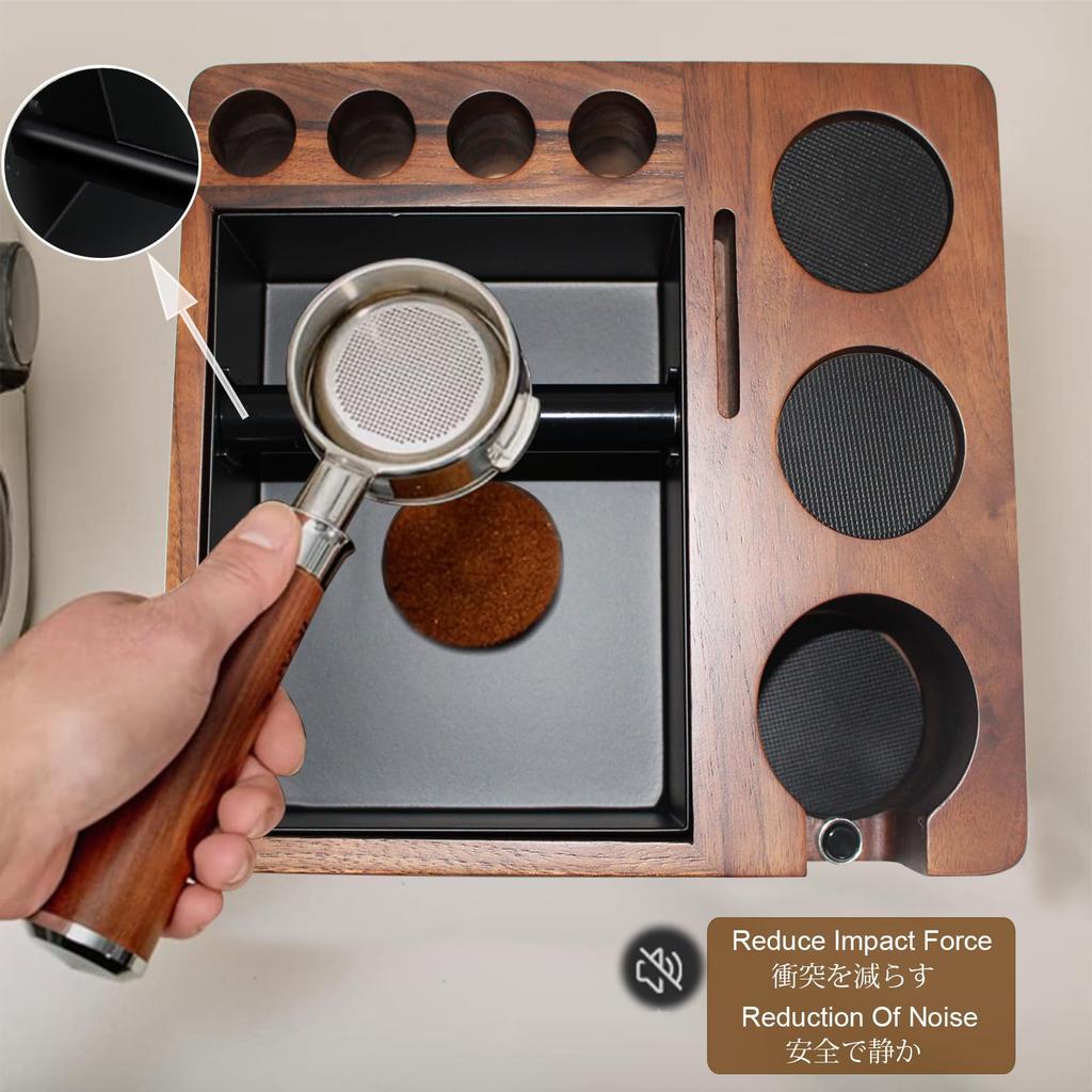 Espresso Knock Box, Espresso Accessory Organizer Box, 51mm-58mm Tamping Station Base, 9-in-1 Storage Wooden Espresso Tamper Mat, Tamper Stand,