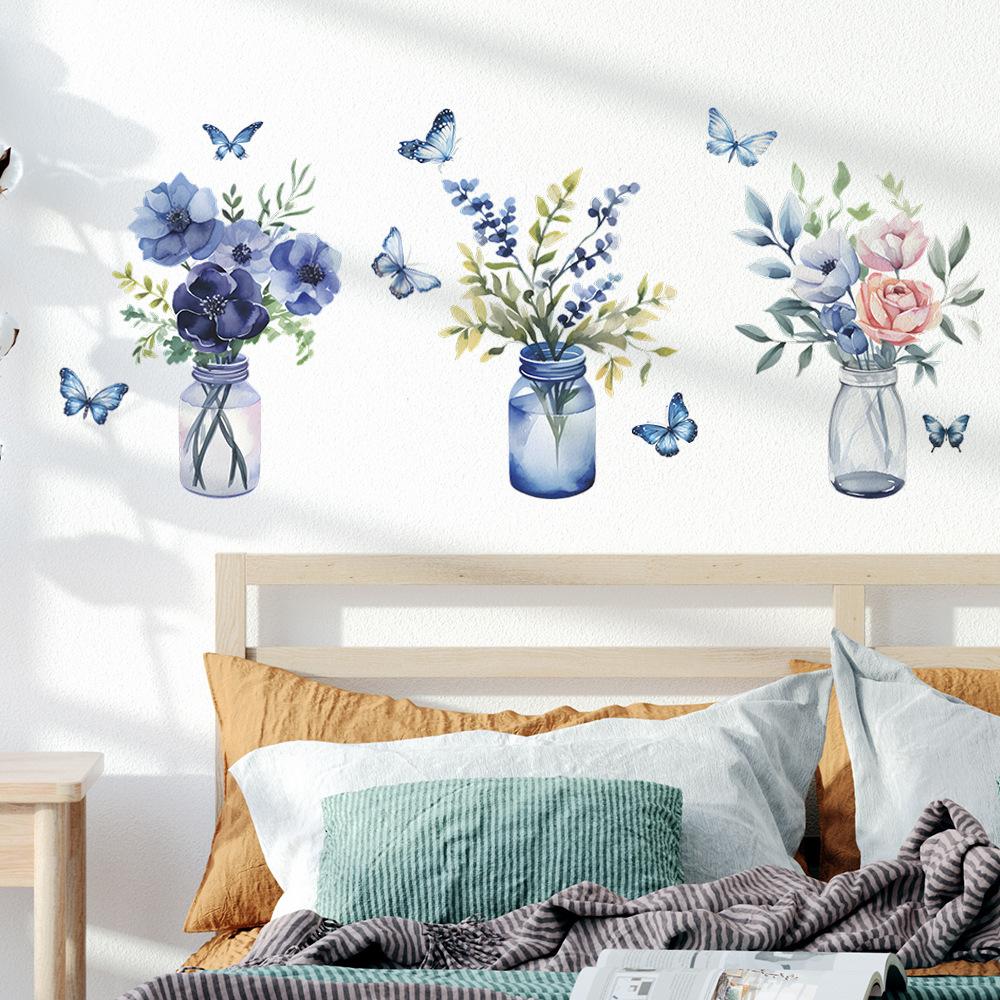 Романтичные фиолетовые цветы зеленая ваза для растений бабочка спальня гостиная украшение дома настенные наклейки