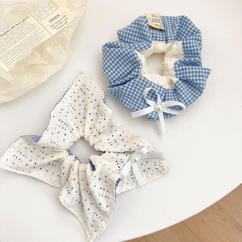 1pc Ballet-style Blue Checkered Bow Hair Tie, Square Scarf Hair Flower, Fresh Forest-style Hair Rope, New Lace Hair Accessories