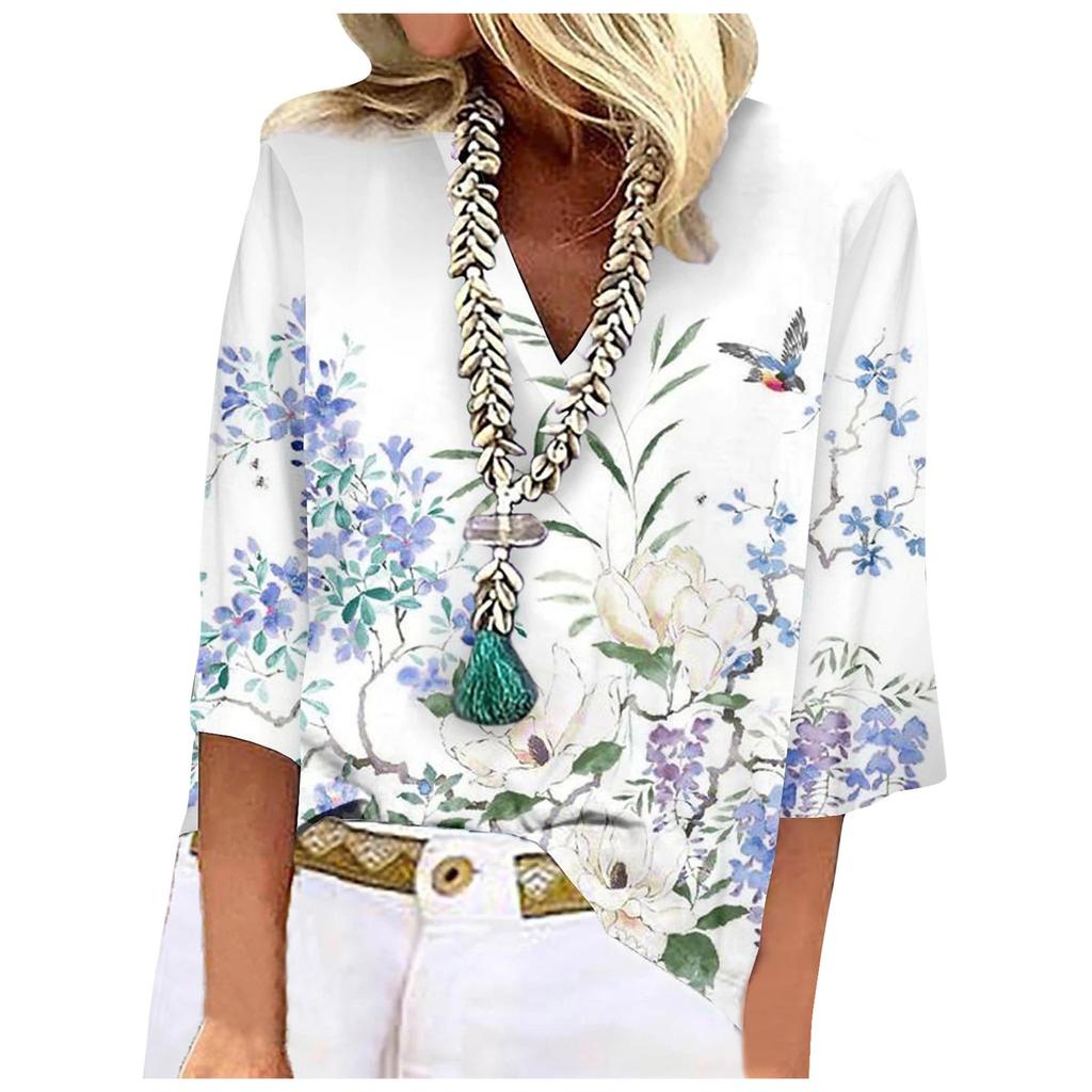 Женская рубашка, блузка, повседневные свободные рубашки, рукава 3/4, топы с v-образным вырезом и принтом, топы с принтом, футболки, футболки
