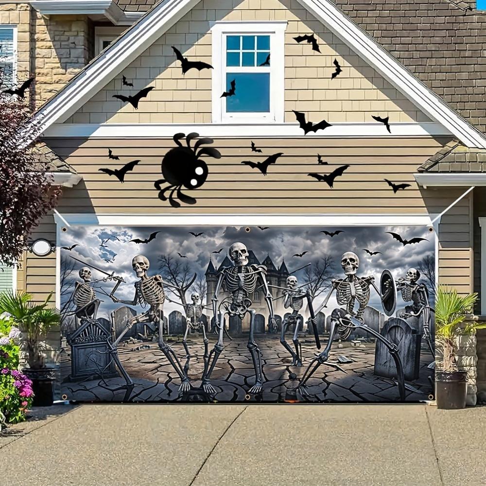 2D flat banner 1PC - Durable polyester, terrifying skull Legion castle design, suitable for entrance decoration