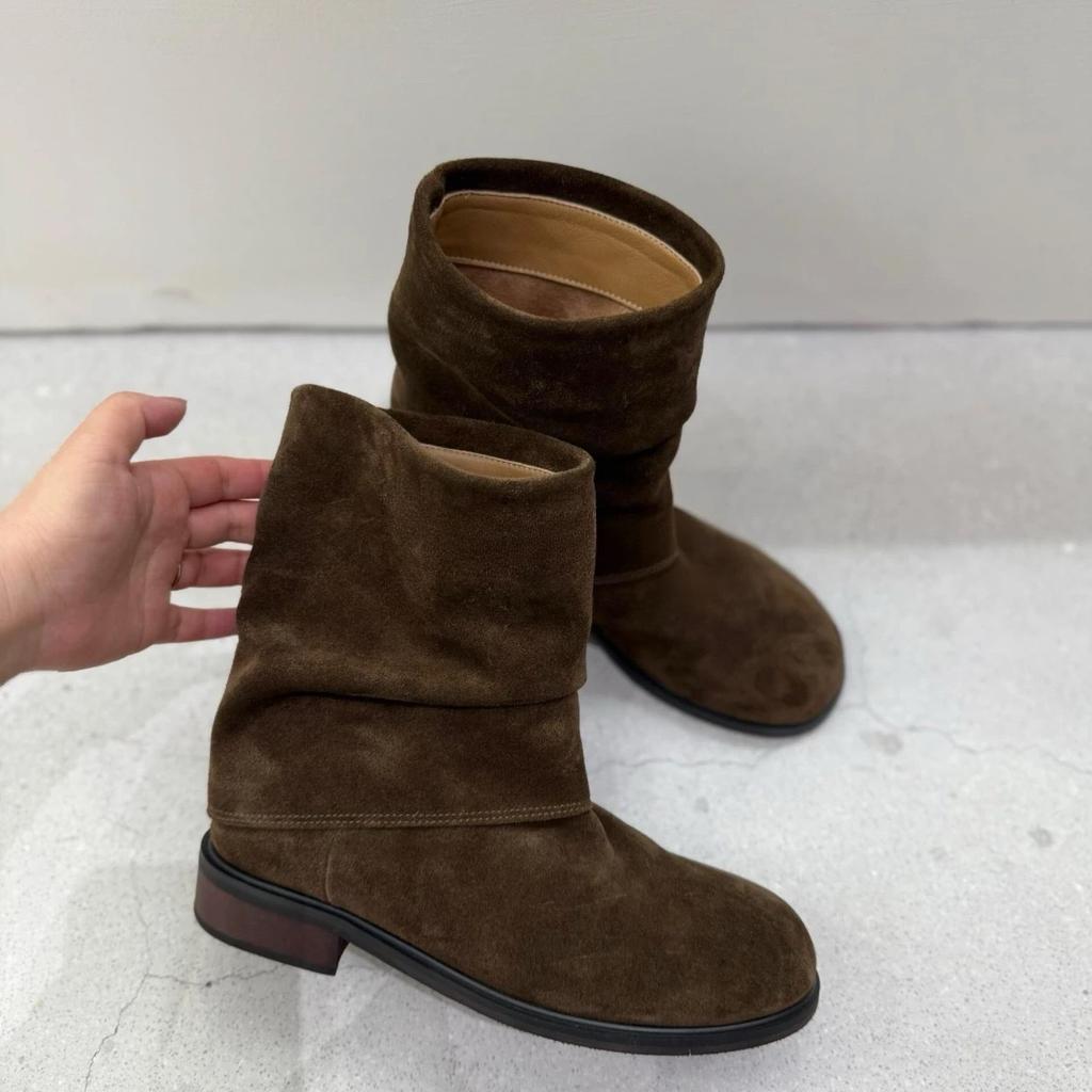 Sheepskin Version~ Retro Niche Matte Suede Round Head Thick Heel Western Cowboy Boots Wide Tube Pants Tube Boots Short Boots Women's Boots