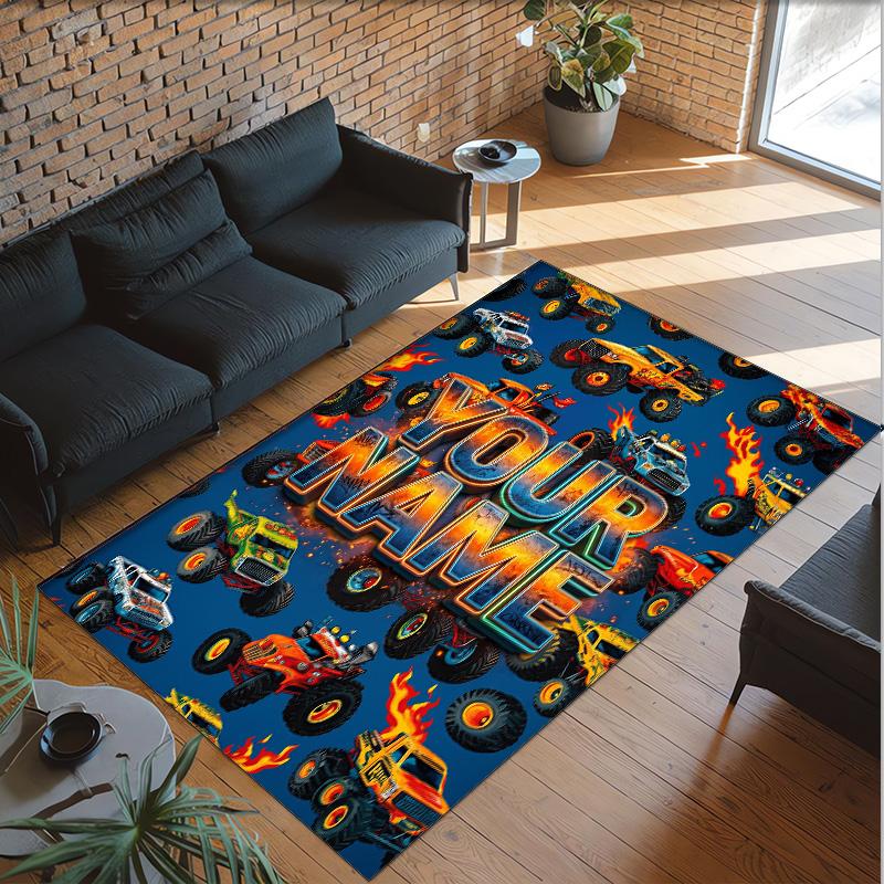 Monster Truck Theme Crystal Velvet Rug Personalized Custom Name Text Soft Floor Mat Home Decor