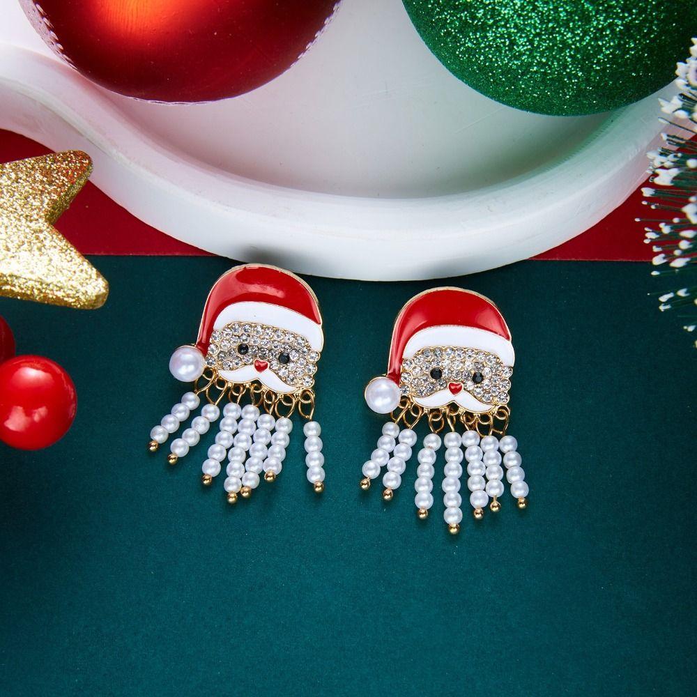 Long Tassel Design Enamel Drop Earrings Pearl Adorned Santa Claus Stud Earrings Festive Party