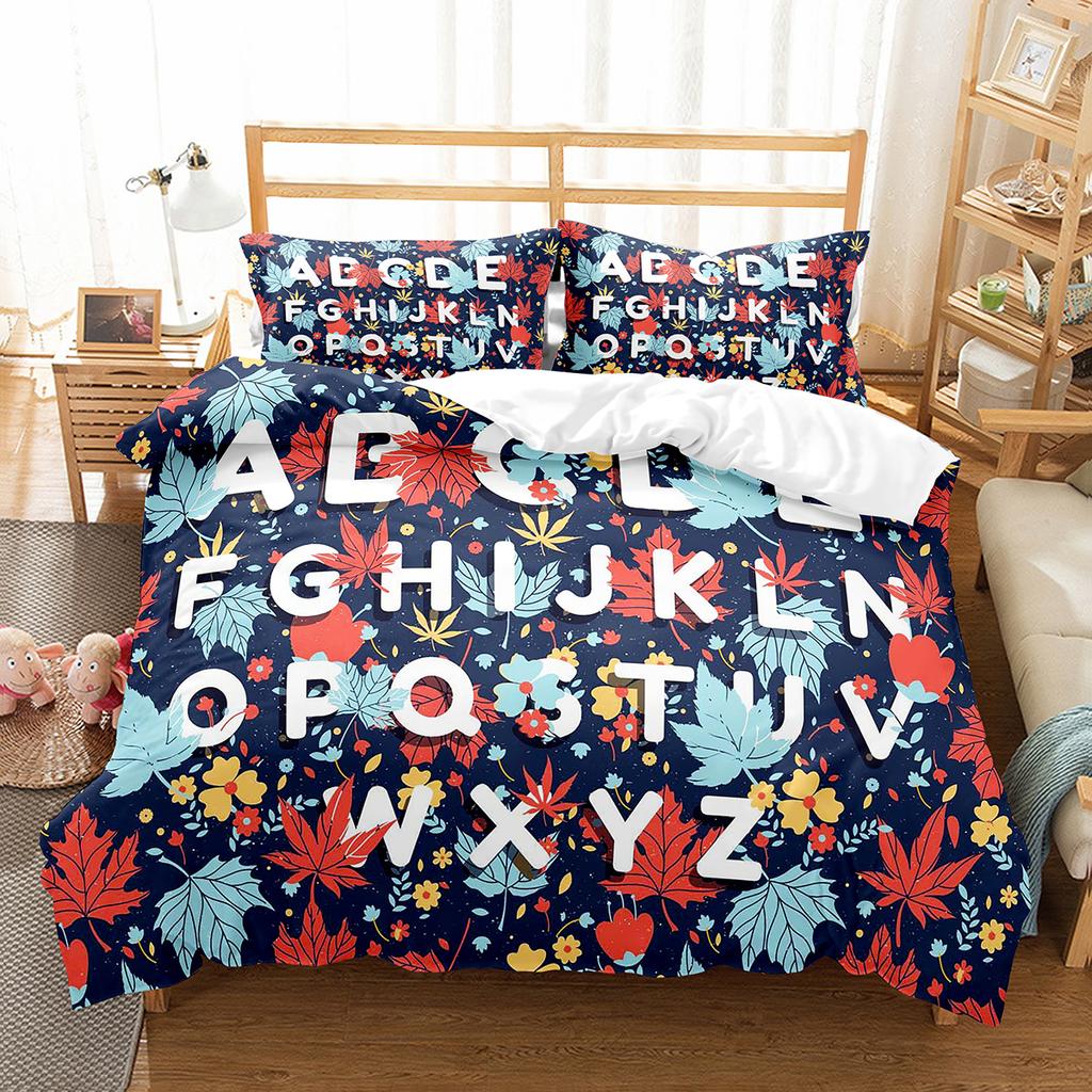 Alphabet Duvet Cover Set Colourful Letter Pattern Polyester Comforter Cover King Queen Full Size for Kids Boys Girls Bedding Set