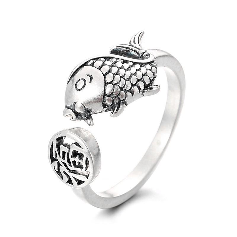 Adjustable Open Ring With Vintage Fortune Character Koi Fish Design Sterling Boho Retro Womens Statement Jewelry