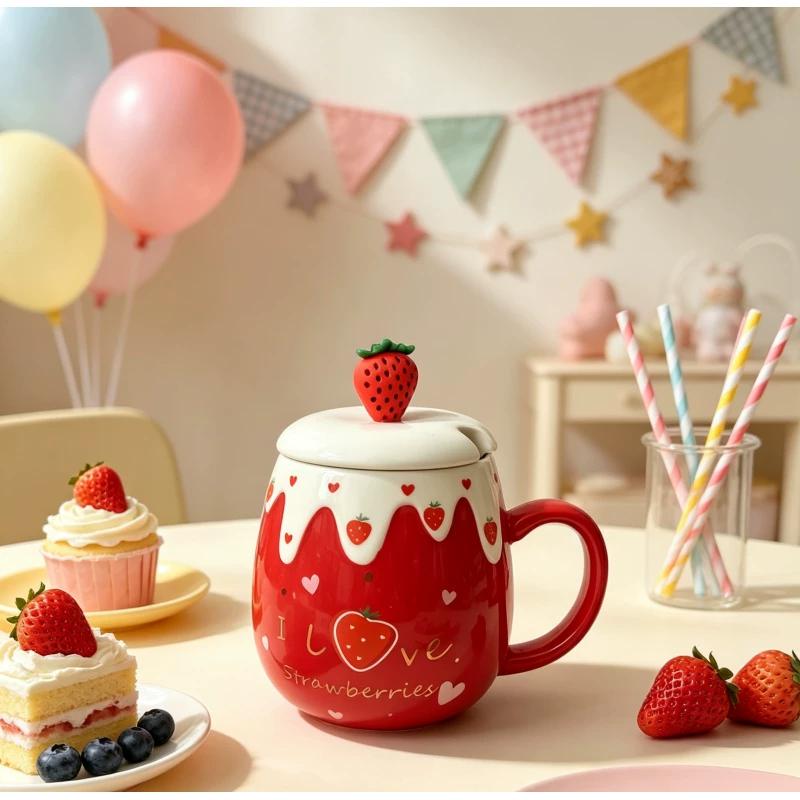 Cute ceramic mug, large capacity strawberry shaped coffee cup with lid, spoon, high-end feeling, Children's Day gift water cup