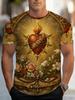 Men'S Print Short Sleeve T-Shirt - Sacred Heart Floral Cross Design - Polyester Fiber Breathable Comfortable Men'S Fashion Casual Round Neck Print