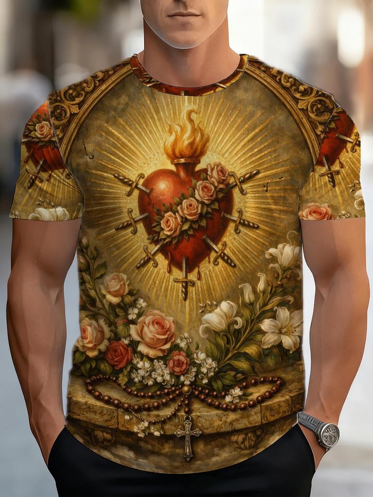 Men'S Print Short Sleeve T-Shirt - Sacred Heart Floral Cross Design - Polyester Fiber Breathable Comfortable Men'S Fashion Casual Round Neck Print