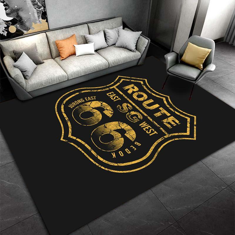Route 66 Decorative Carpet, Black Background with Gold Print Design Suitable for use as an anti-slip for living room bedroom sofas
